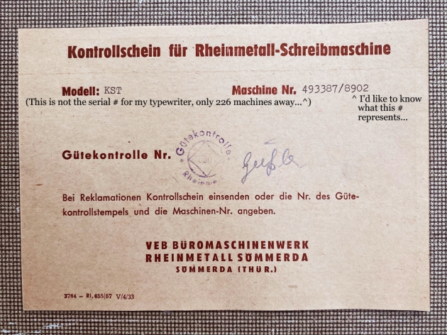 Rheinmetall "KsT" from the inspection card that doesn't belong with this typewriter... Rheinmetall "KsT" from the inspection card that doesn't belong with this typewriter...