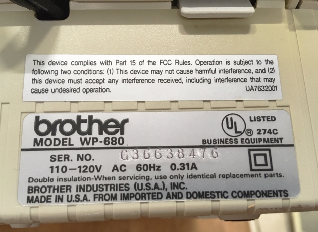 Brother "WP-680" serial number...
