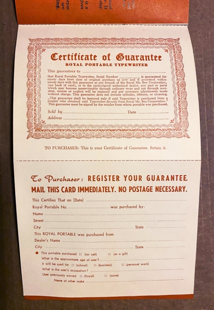 Royal "Royalite" the intact, unused registration card, in the manual... Royal "Royalite" the intact, unused registration card, in the manual...